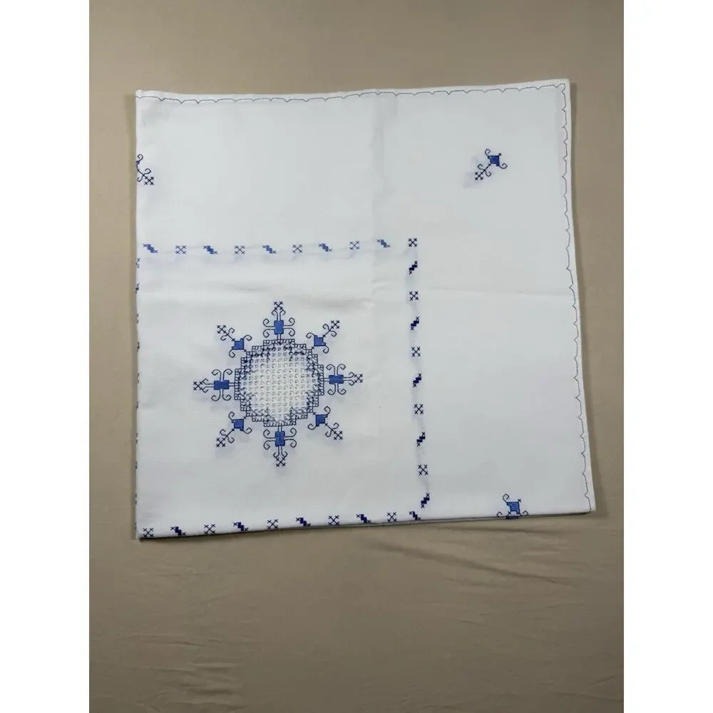 Antique Handmade Table Cloth Topper 40x40 Embroidery Cutwork Linen Blue on white